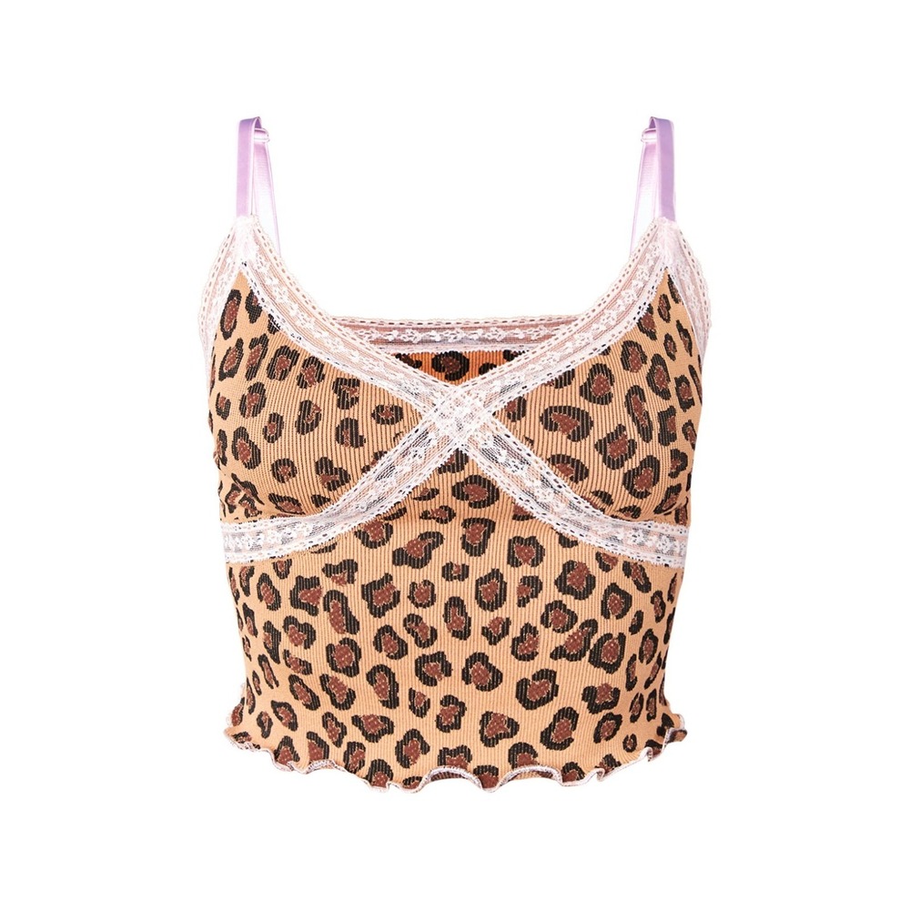 Pretty Little Thing PLT Petite Leopard Print Ribbed Lace Trim Cami Top - Sz M/L